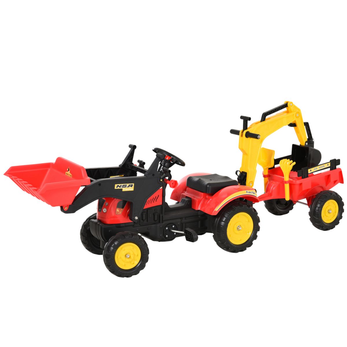 Aosom 3 in1 Kids Ride On Bulldozer/Excavator Toy with 6 Wheels Controllable Cargo Trailer and Easy Pedal Controls Aosom