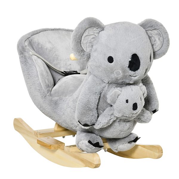 Qaba Kids Plush Ride On Rocking Horse Koala shaped Plush Toy Rocker with Gloved Doll Realistic Sounds for Child 18 36 Months Grey Qaba