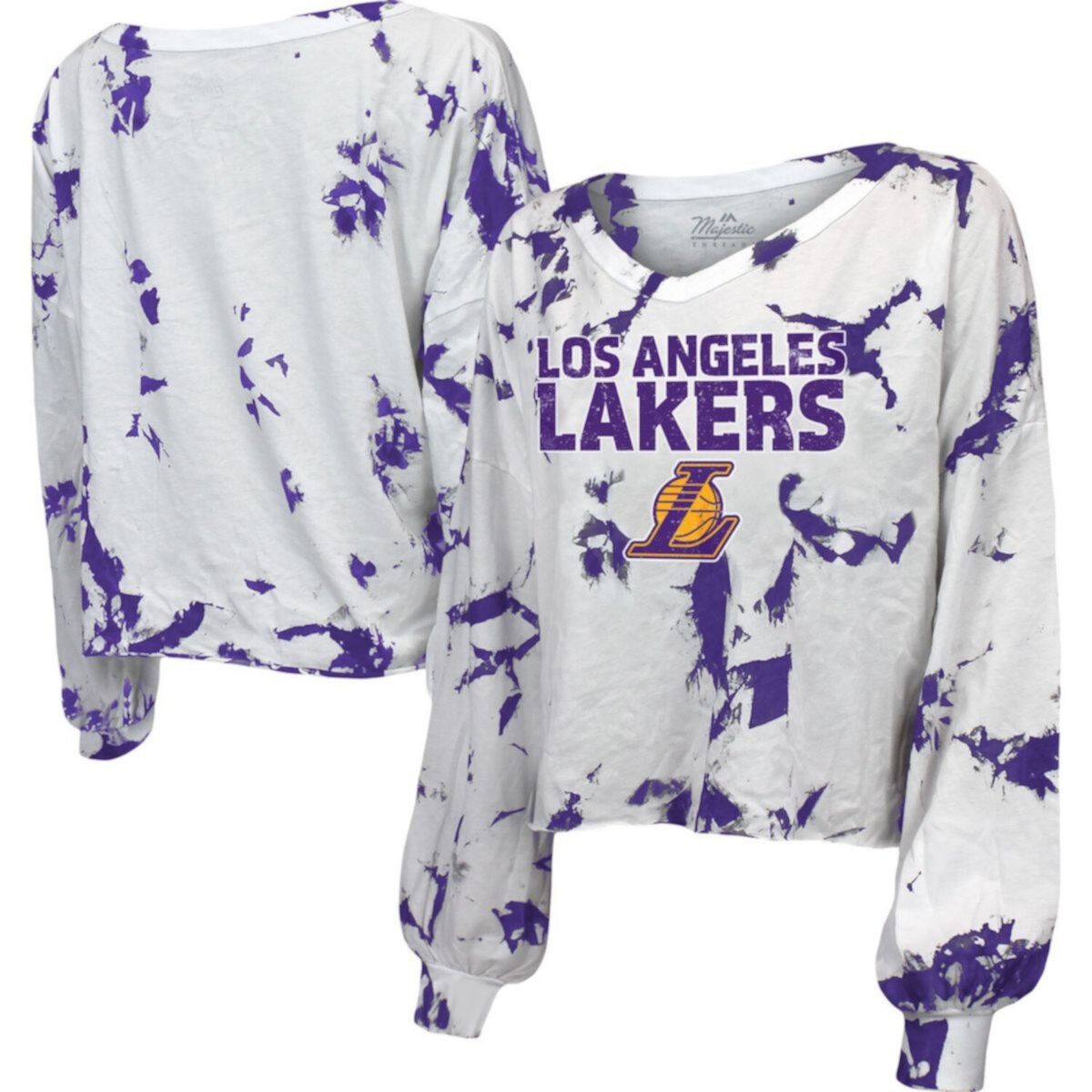 Женская укороченная футболка с длинным рукавом и v-образным вырезом Majestic Threads White Los Angeles Lakers Aquarius Tie-Dye Majestic Threads