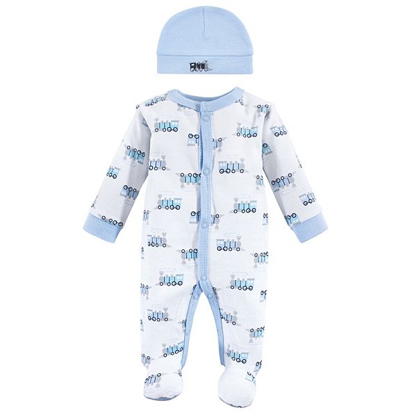 Мальчиковые Детские пижамы Luvable Friends Cotton Preemie Snap Sleep and Play and Cap 2pc Set, Train Luvable Friends