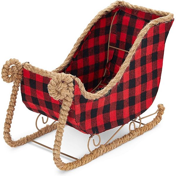 Small Santa Claus Christmas Sleigh Decoration, Red Buffalo Plaid Table Centerpiece for Holiday Decor (11 x 5 x 7.8 In) Okuna Outpost