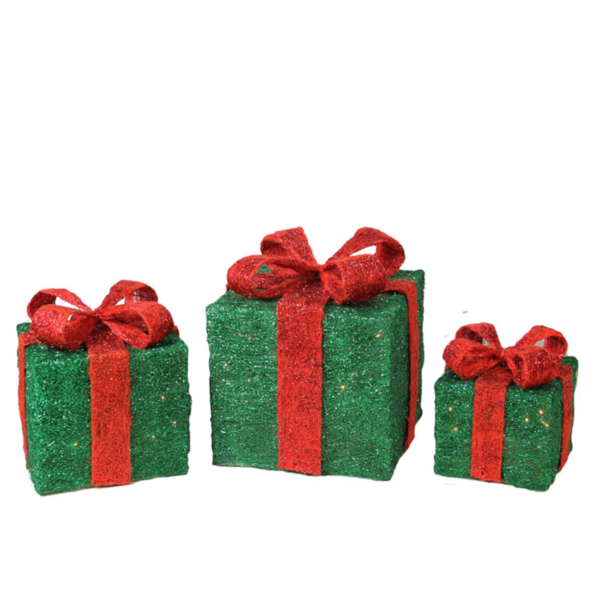 Set of 3 Lighted Sparkling Green Sisal Gift Boxes Christmas Outdoor Decorations Christmas Central