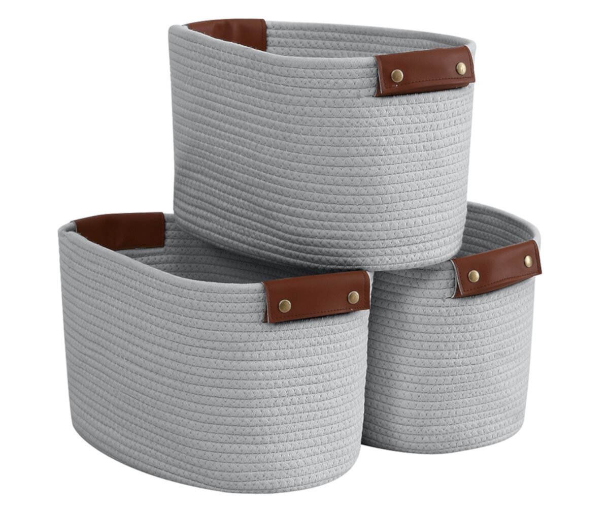 Ornavo Home 3 Pack Woven Cotton Rope Shelf Storage Basket with Leather Handles Ornavo Home