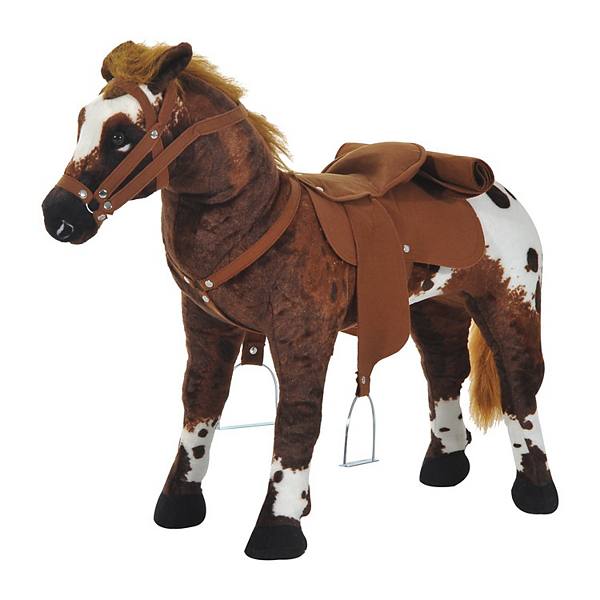 Qaba Kids Standing Ride On Horse Toddler Plush Interactive Toy with Sound  Dark Brown/White Qaba