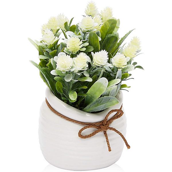 Artificial Flowers with Small White Vase, Home Decoration (3.5 x 6 Inches) Juvale