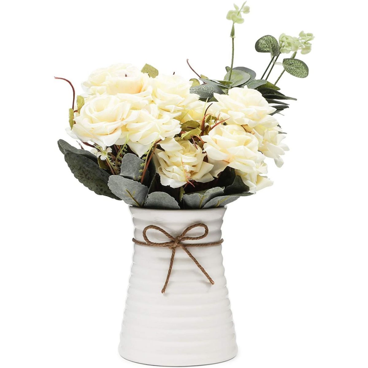 Artificial Flowers with Ceramic Vase, White Roses (4 Pieces) Farmlyn Creek