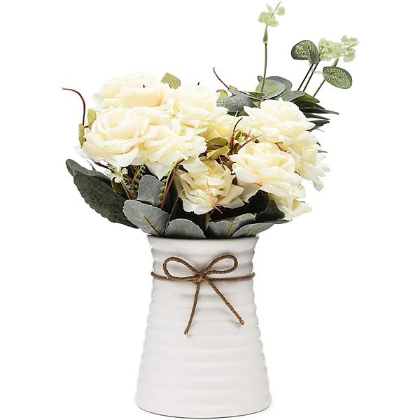 Artificial Flowers with Ceramic Vase, White Roses (4 Pieces) Farmlyn Creek