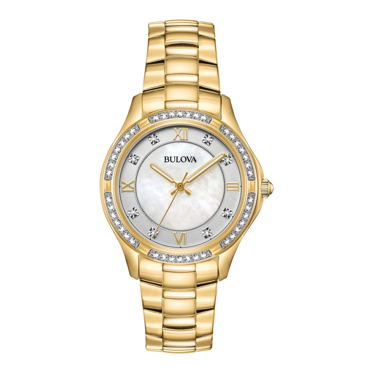 Женские золотые часы Bulova из нержавеющей стали с перламутром и кристаллами - 98L256 Bulova