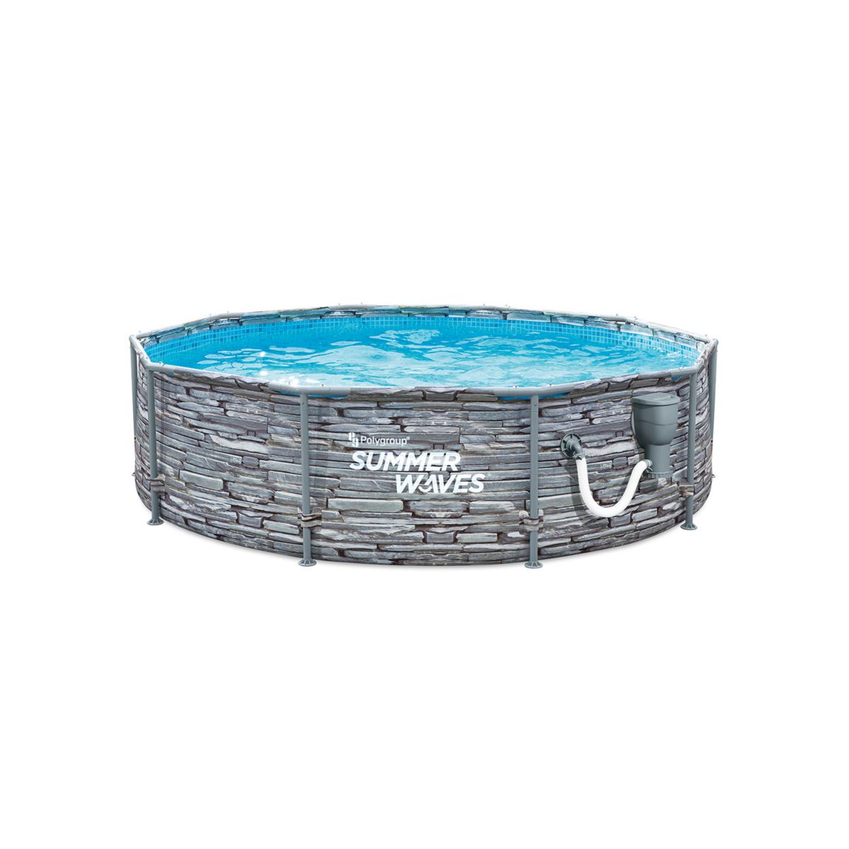 Summer Waves 10 Foot Round Stone Slate Print Metal Frame Above Ground Pool, Grey Summer Waves