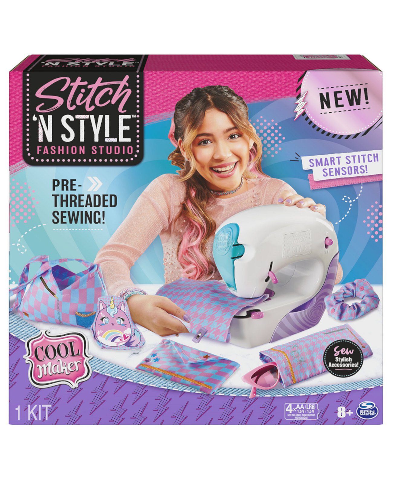 Stitch N Style Fashion Studio, Pre-Threaded Sewing Machine Toy with Fabric and Water Transfer Prints Cool Maker