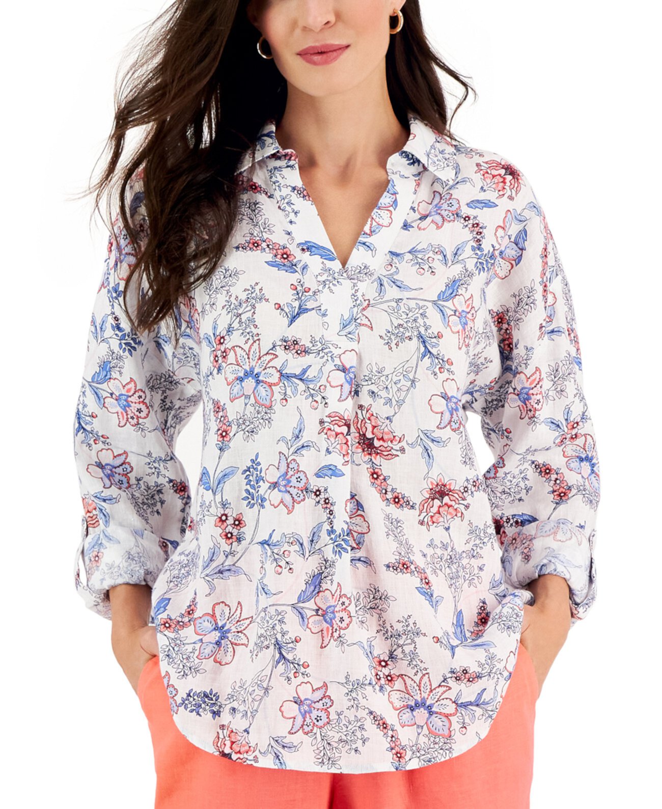 Рубашка-пуловер из льна Petite с цветочным принтом и закатанными рукавами, созданная для Macy's Charter Club