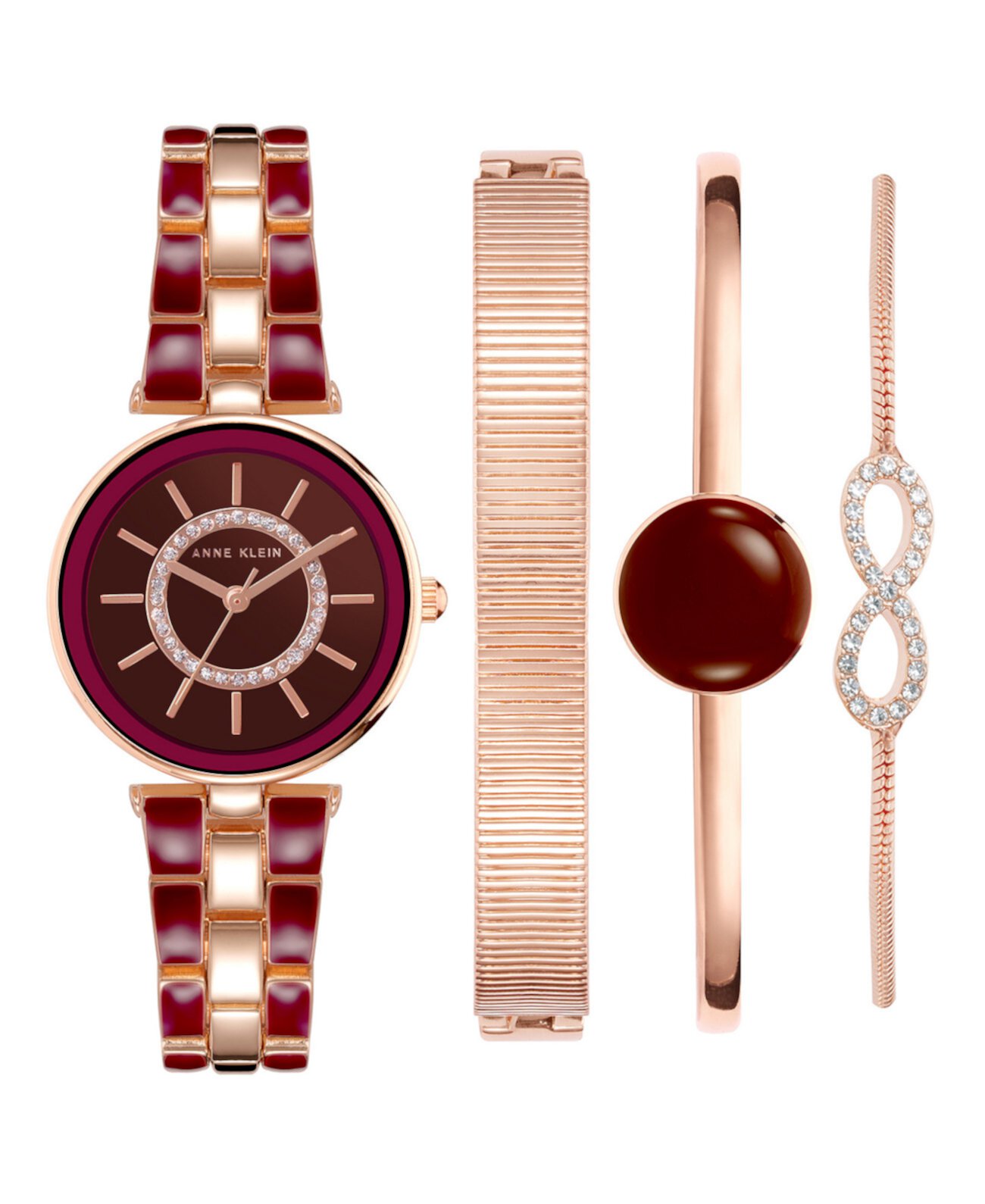 Женский браслет из сплава цвета розового золота с бордовой эмалью и кристаллами Модные часы 34 мм, набор из 4 предметов Anne Klein