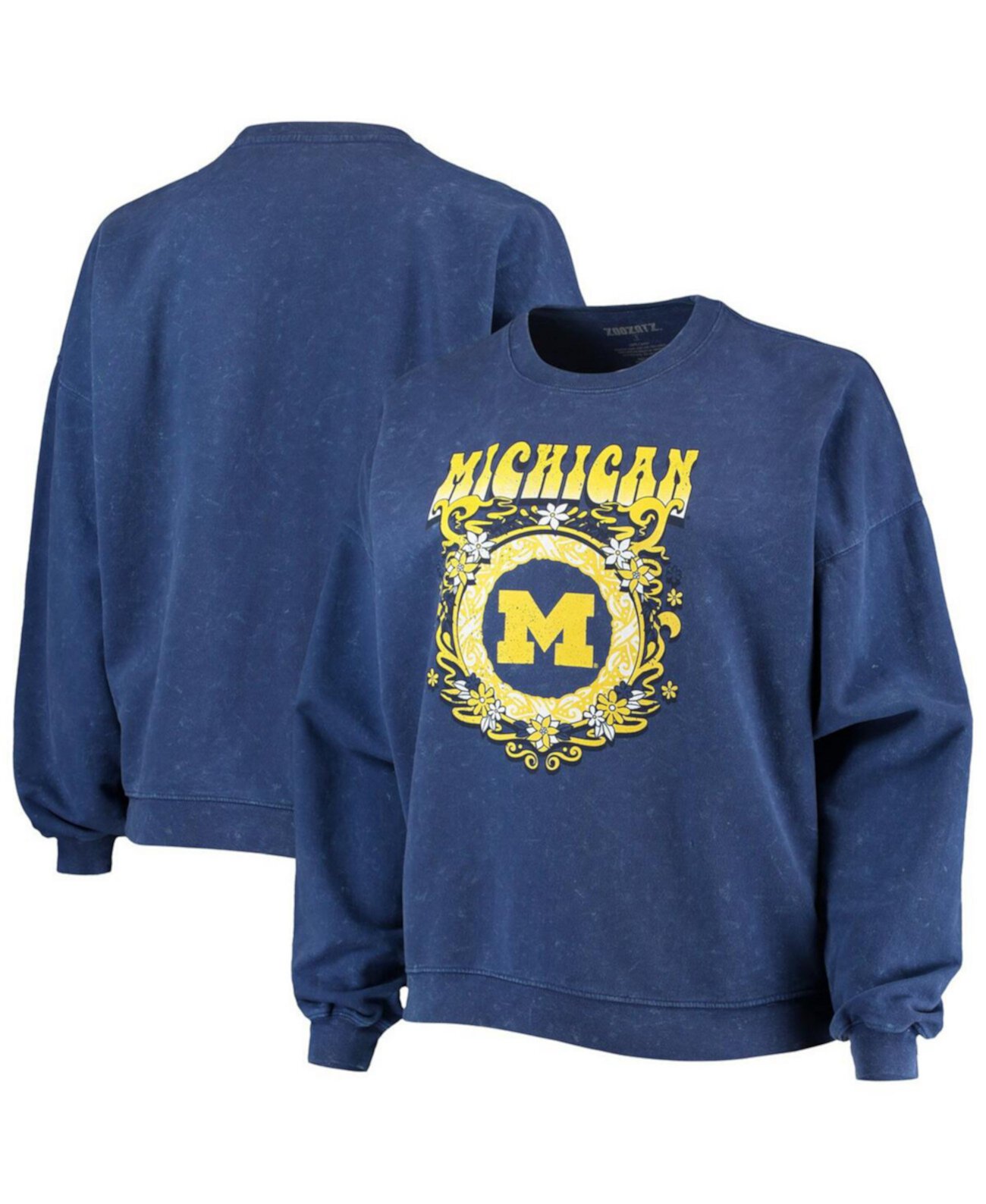 Women's Navy Michigan Wolverines Garment Wash Oversized Vintage-Like Pullover Sweatshirt ZooZatz