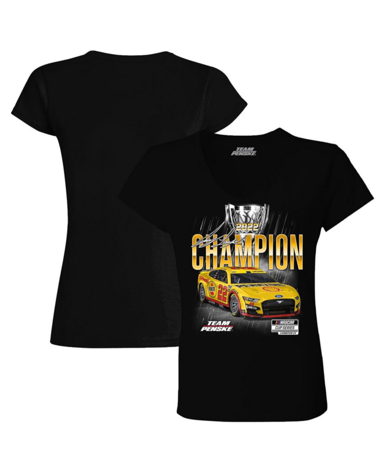 Женская черная официальная футболка с v-образным вырезом Joey Logano 2022 NASCAR Cup Series Champion Team Penske