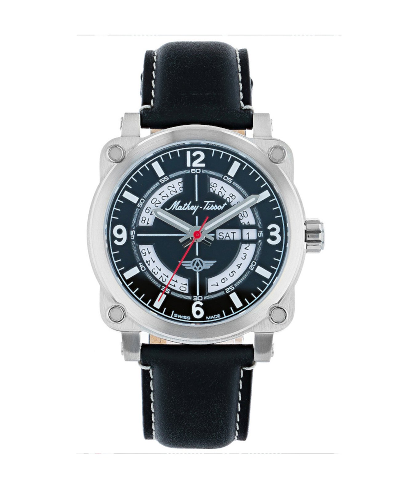 Мужские часы Pilot Collection с тремя стрелками и черным ремешком из натуральной кожи, 43 мм Mathey-Tissot