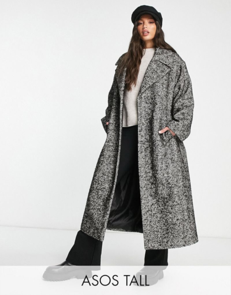 Элегантное черно-белое пальто с поясом в елочку ASOS DESIGN Tall ASOS Tall