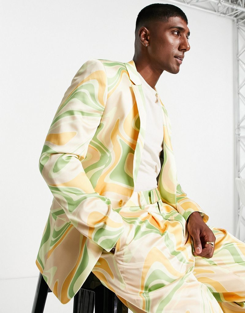 Узкий пиджак с завитками серо-зеленого и оранжевого цвета ASOS DESIGN ASOS DESIGN