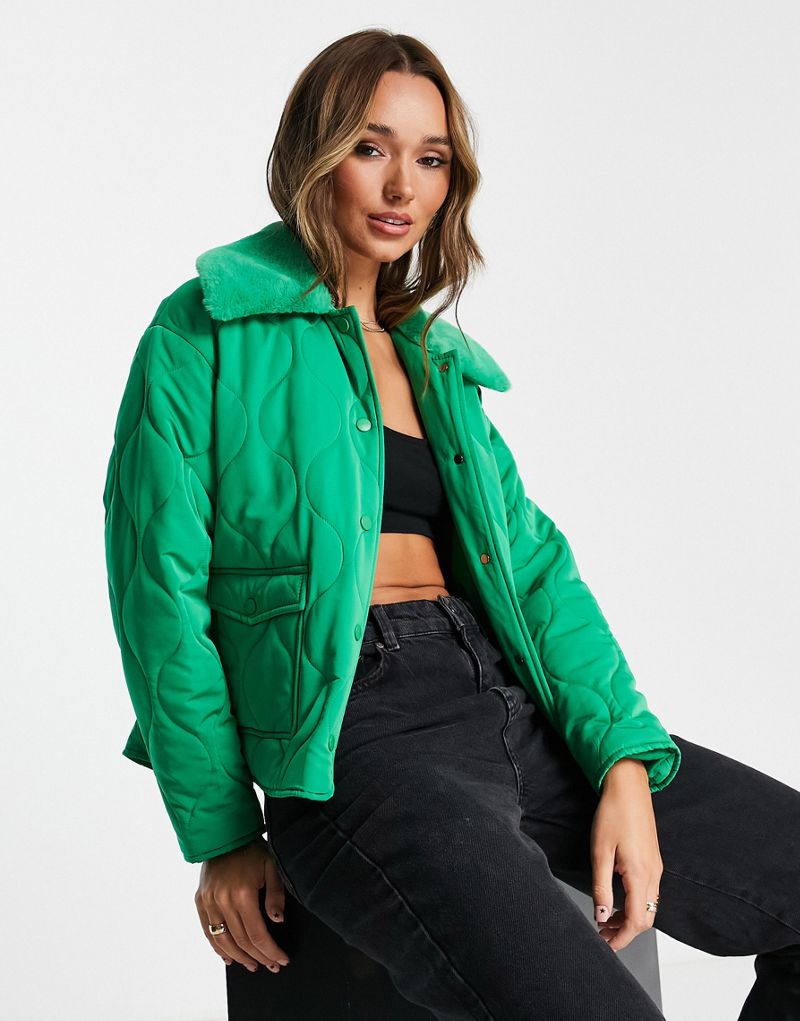 Ярко-зеленая стеганая куртка с воротником из искусственного меха Annorlunda Annorlunda
