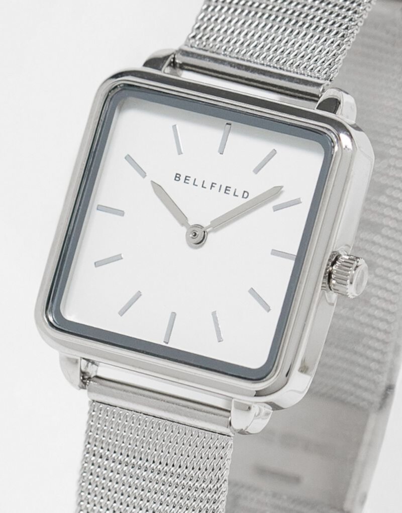 Серебристые часы Bellfield с минимальным сетчатым ремешком и квадратным циферблатом Bellfield