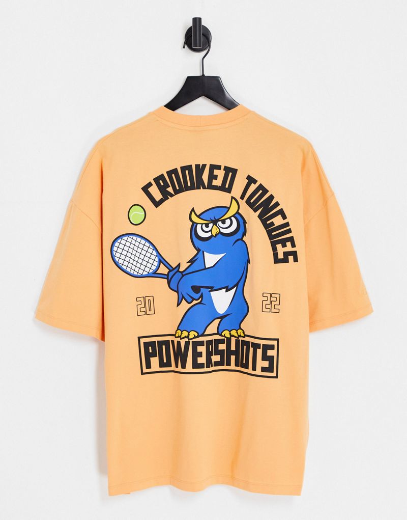 Оранжевая футболка оверсайз Crooked Tongues с графическим принтом на спине в виде теннисной совы Crooked Tongues Crooked Tongues