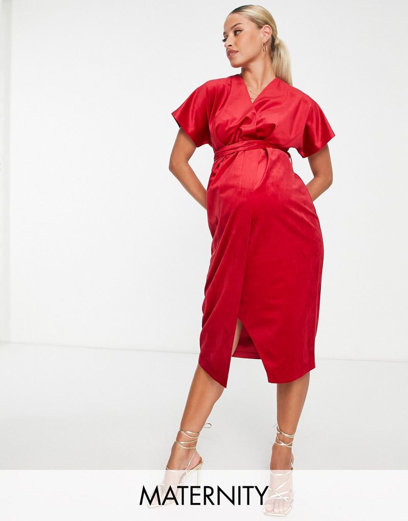 Красное бархатное платье миди с рукавами-кимоно и завязками на запахе Closet London Maternity Closet London