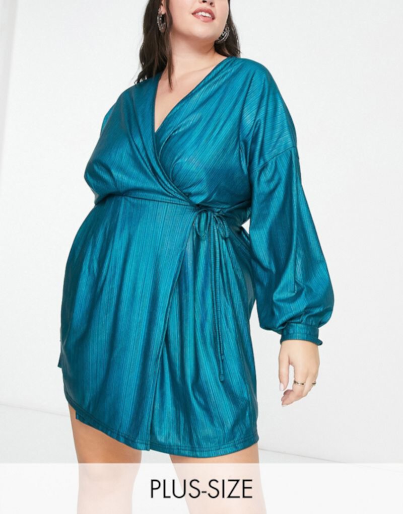 Extro & Vert Plus belted mini dress with balloon sleeves in blue plisse Extro & Vert Plus