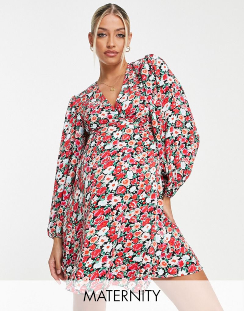 Glamorous Bloom wrap dress with tie waist in red retro floral Glamorous Bloom