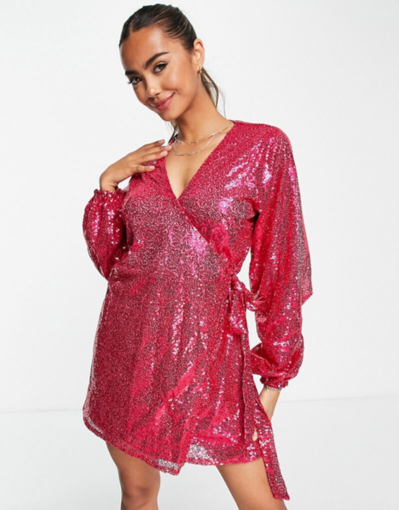 Эксклюзивное вишнёво-розовое мини-платье In The Style с запахом и пайетками In The Style