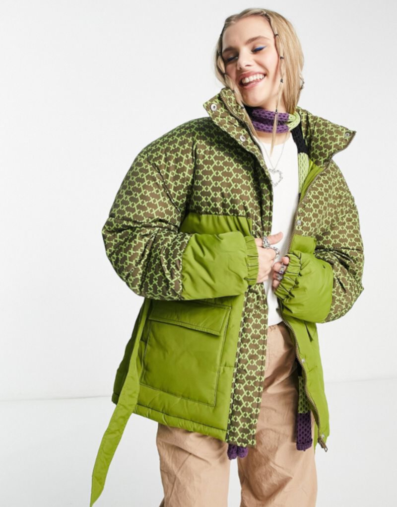 Стеганое пальто JJXX с завязкой на талии цвета хаки с геометрическим принтом JJXX