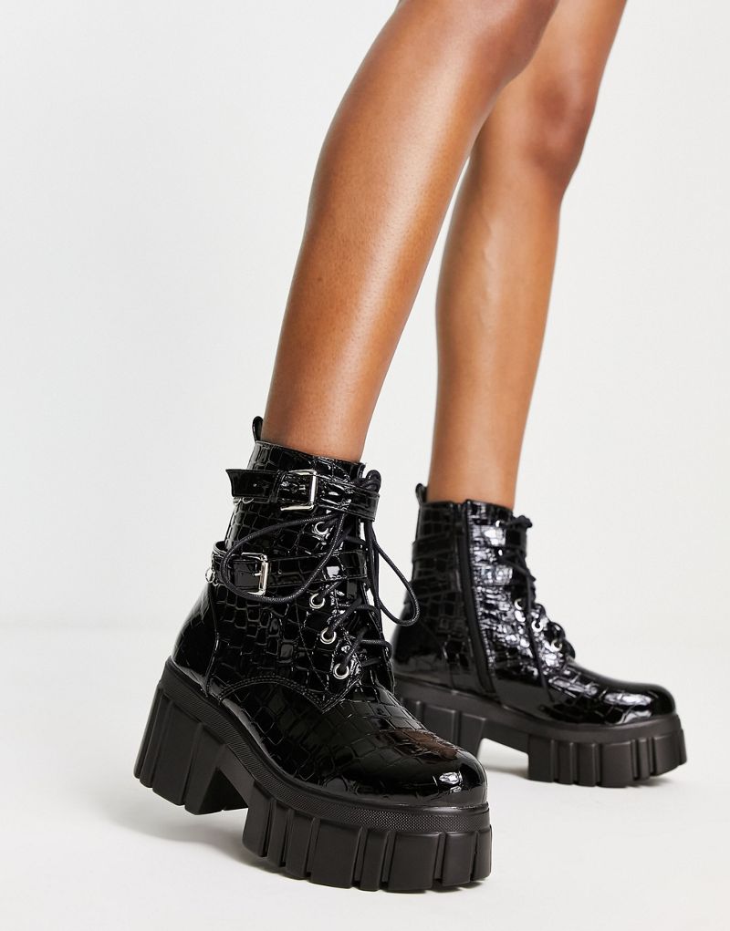 Черные ботинки на каблуке со шнуровкой и пряжкой Koi Koi Footwear