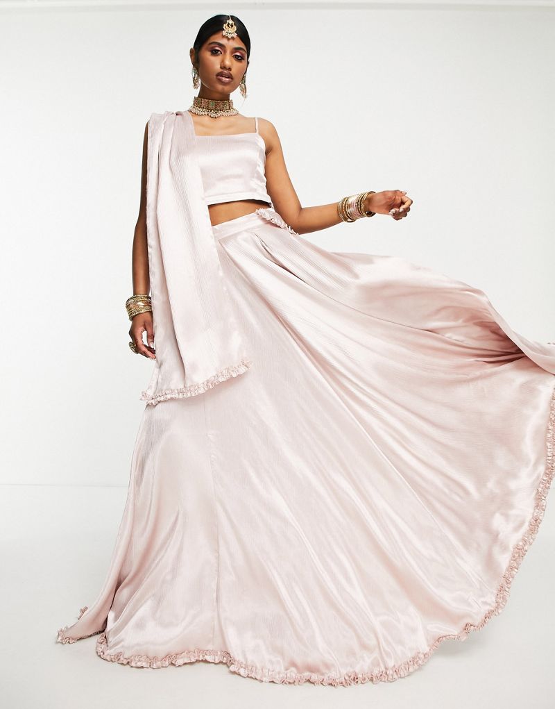 Розовая расклешенная юбка с оборками и шарф дупатта Kanya London Bridesmaid Lehenga Kanya London