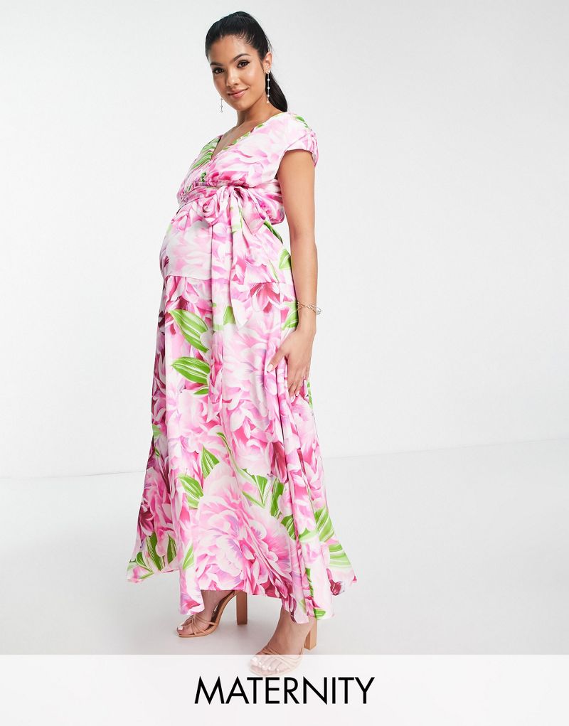 Платье макси с глубоким вырезом спереди Liquorish Maternity с зелено-розовым цветочным принтом Liquorish