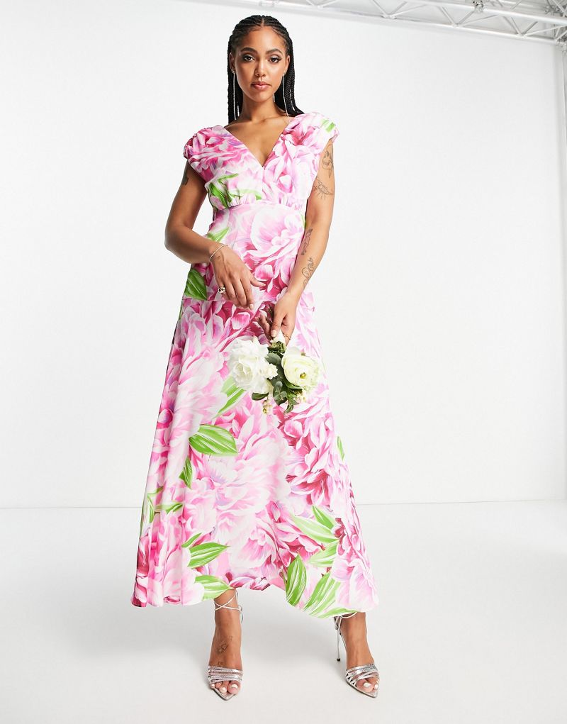 Ликерное платье макси с глубоким вырезом спереди в зелено-розовом цветочном принте Liquorish