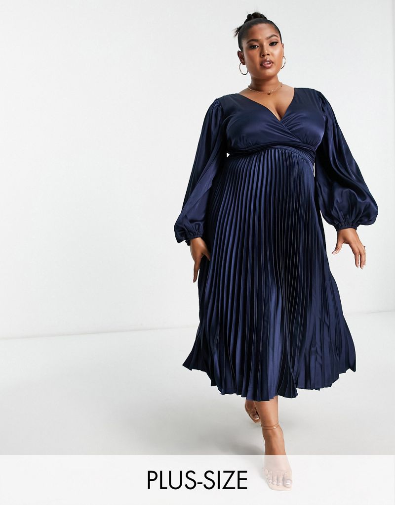 Темно-синее атласное платье миди со складками Lovedrobe Luxe Plus с закрученной спинкой Lovedrobe