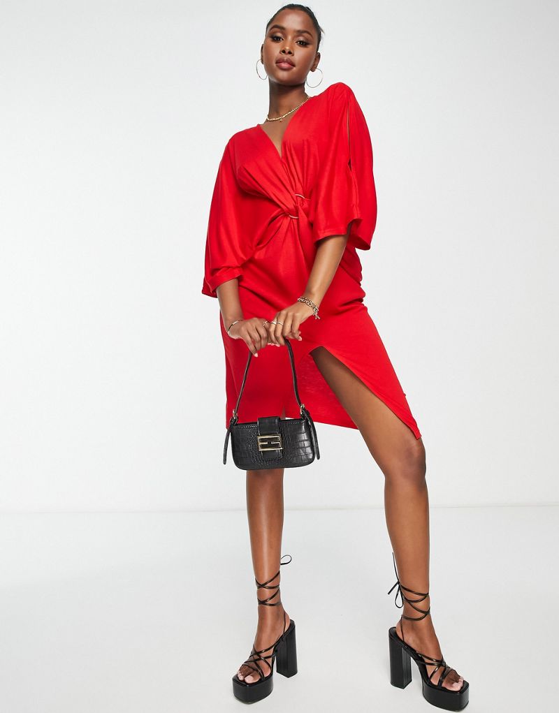Красное платье миди с ликерным узлом и рукавом-кимоно Liquorish