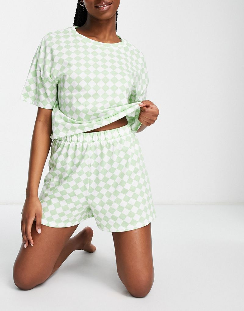 Укороченная хлопковая футболка Lindex SoU и короткая пижама с зеленым принтом арлекина - LGREEN Lindex