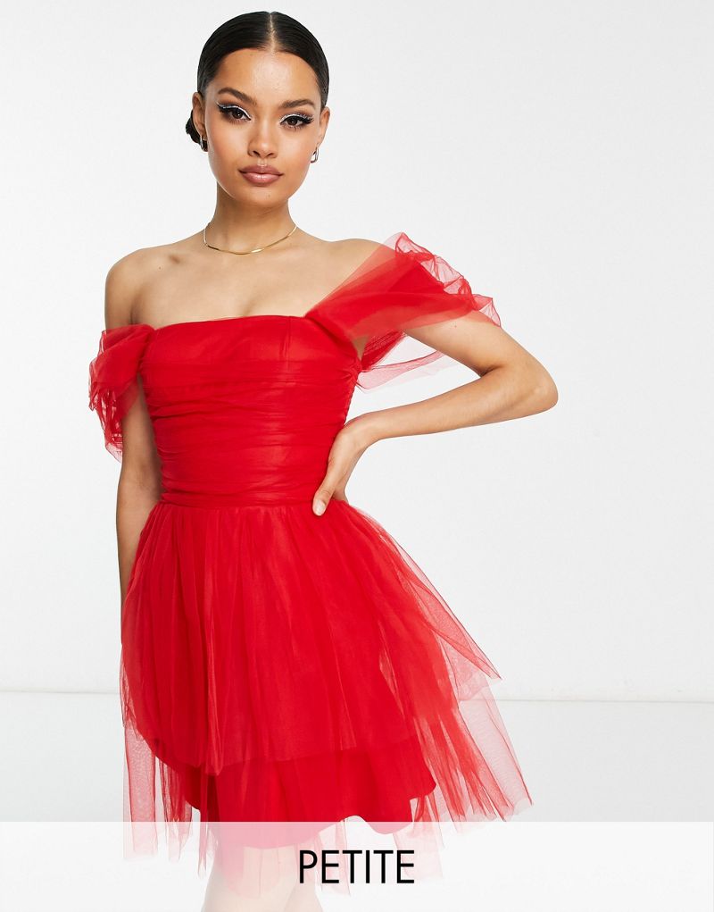 Эксклюзивное красное платье мини из тюля с открытыми плечами и запахом Lace & Beads Petite LACE & BEADS