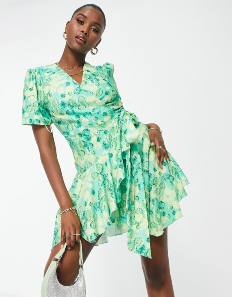 Зеленое платье мини с запахом и цветочным принтом Liquorish