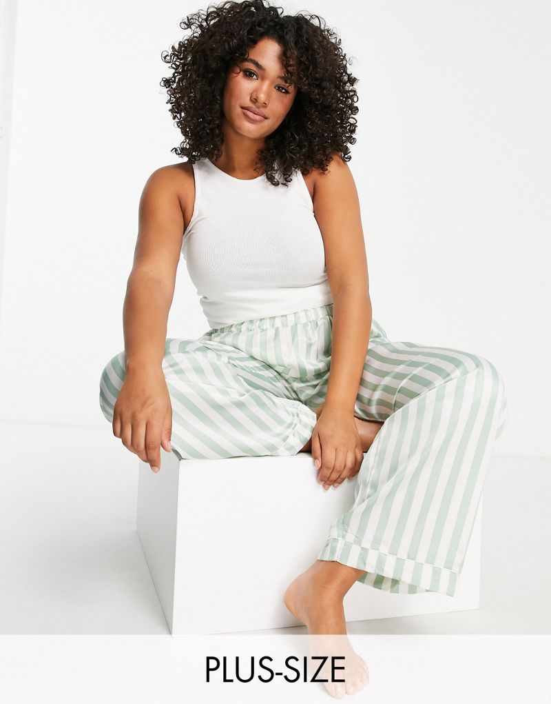Атласные пижамные штаны Loungeable Plus в шалфейно-зеленую и кремовую полоску — часть комплекта Loungeable