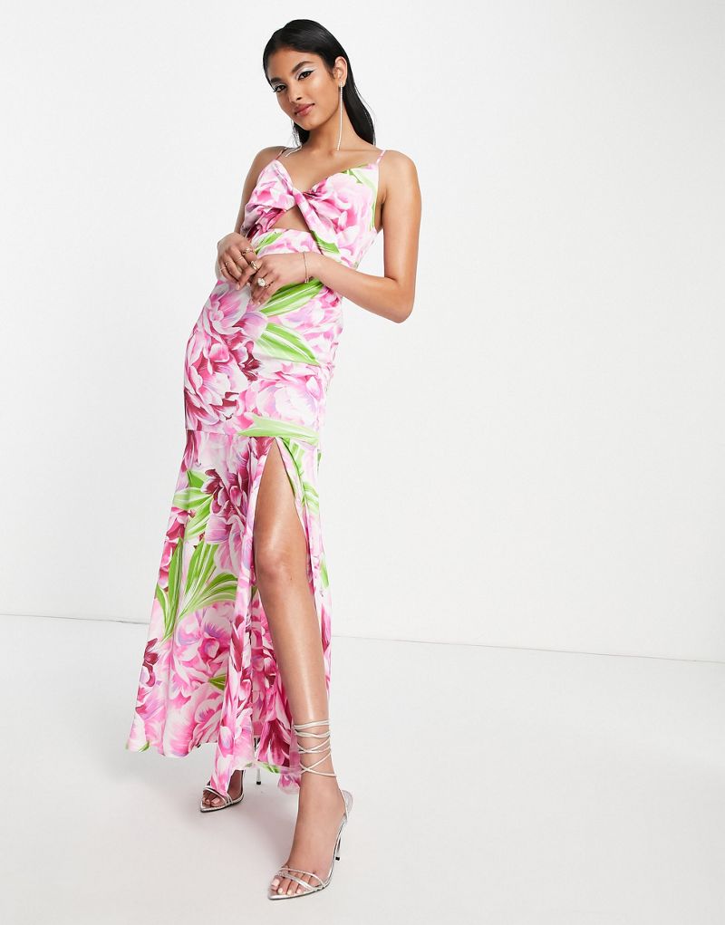 Платье макси из ликерного атласа с разрезом спереди и зелено-розовым цветочным принтом Liquorish