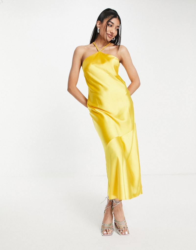 Желтое атласное платье-комбинация макси с бретельками Miss Selfridge Miss Selfridge