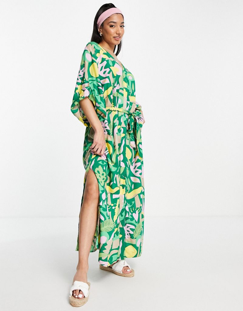 Платье-рубашка миди Monki с тропическим принтом и завязкой на талии Monki