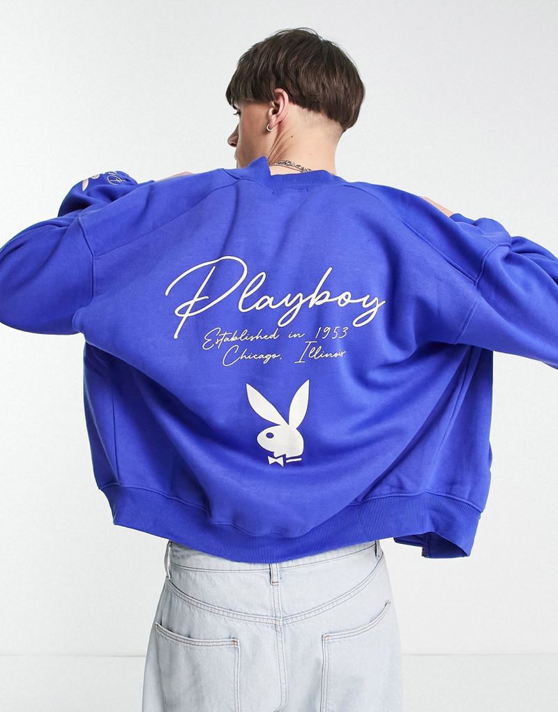 Синий бомбер из джерси Mennace x Playboy с вышивкой логотипа и принтом на спине Mennace