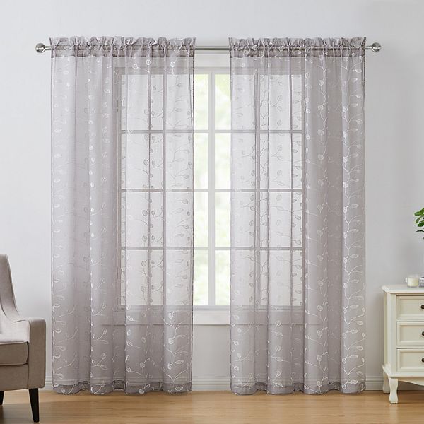 VCNY Home Eva Leaf Metallic Embroidered Sheer Set of 2 Window Curtain Panels VCNY HOME