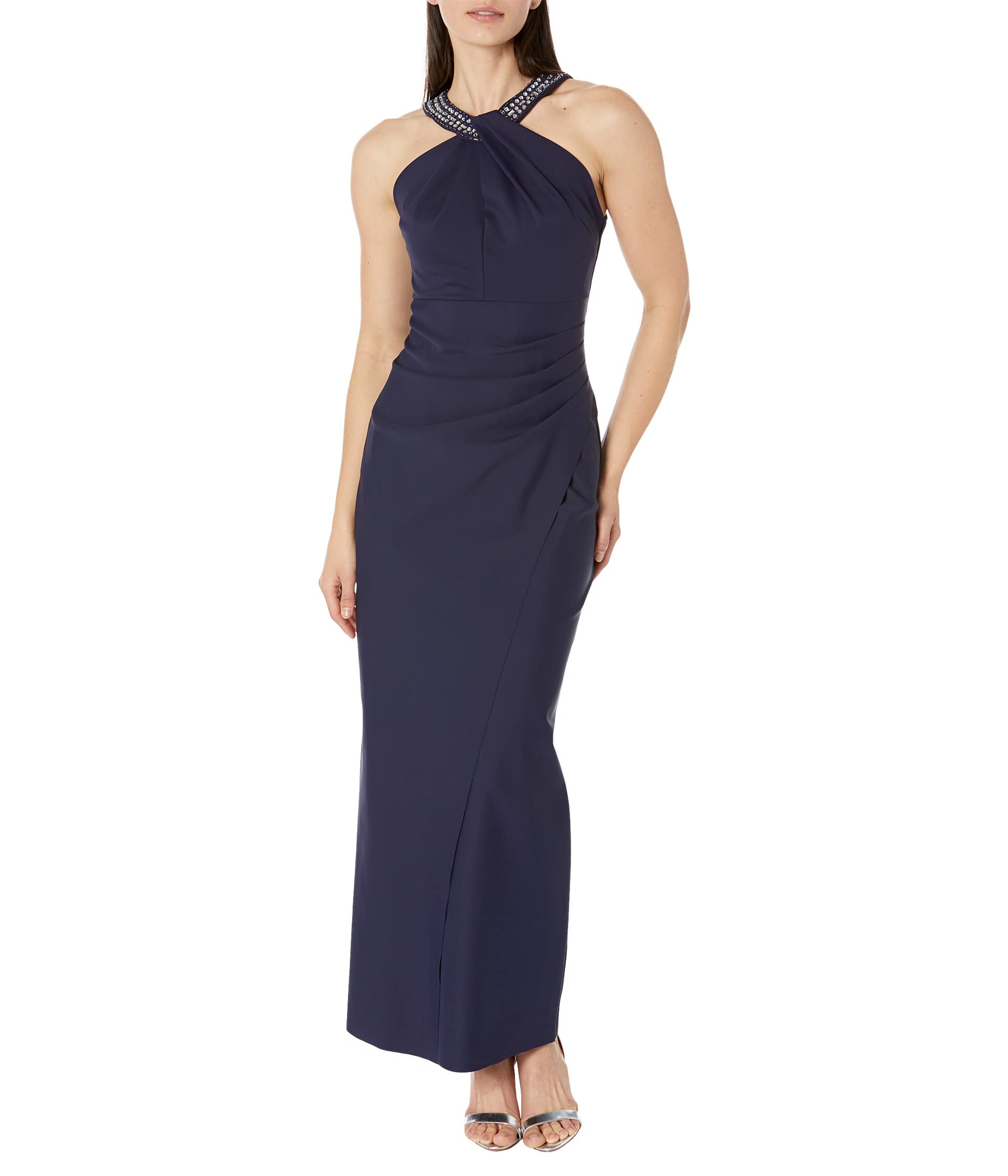 Long Halter Neck Column Dress with Overlay Skirt Alex Evenings