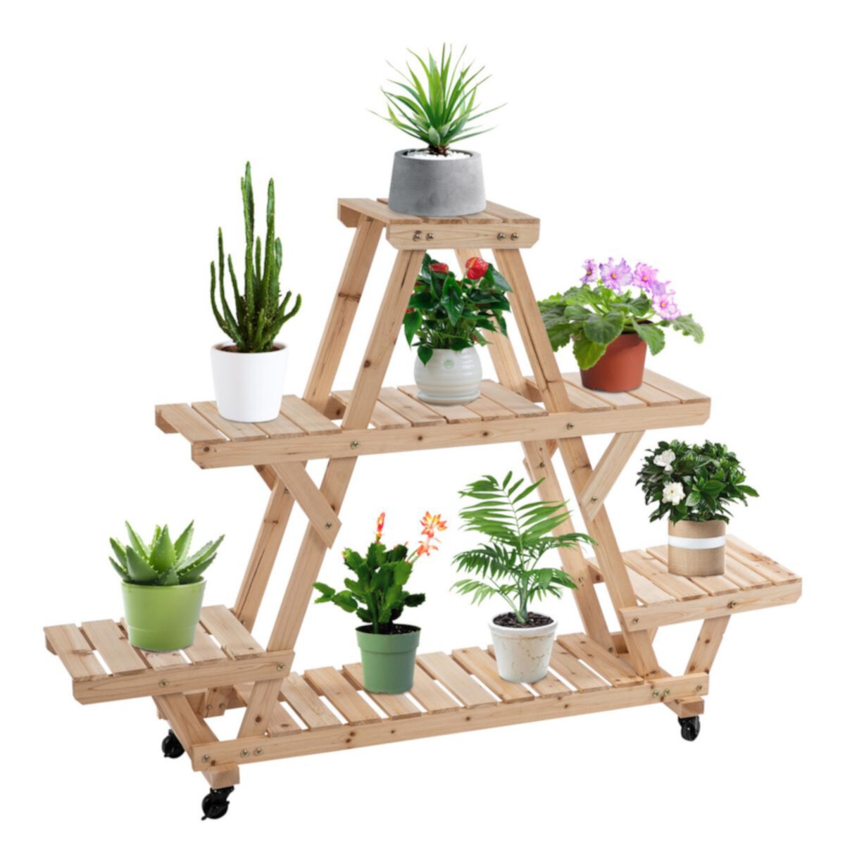 Outsunny Wood Plant Stand with 7 Tier Removable Wheels Brakes Outdoor/Indoor Plant Shelf with Large Capacity for Garden Balcony Backyard Natural Outsunny