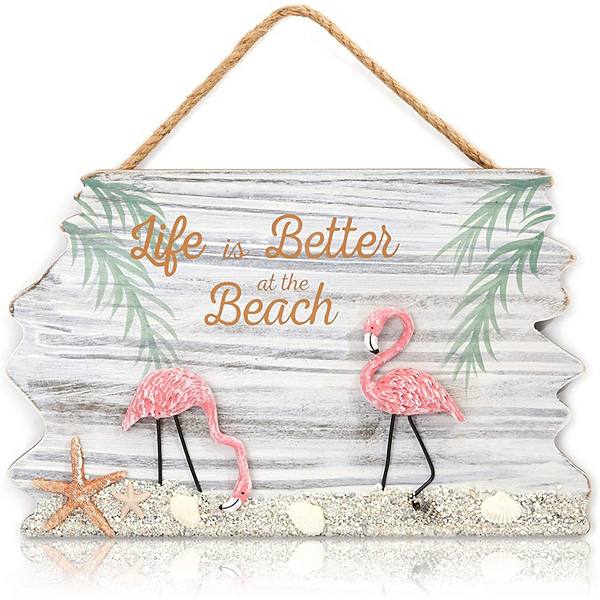 Juvale Flamingo and Life is Better at The Beach Hanging Wall Decoration (14 x 9 Inches) Okuna Outpost