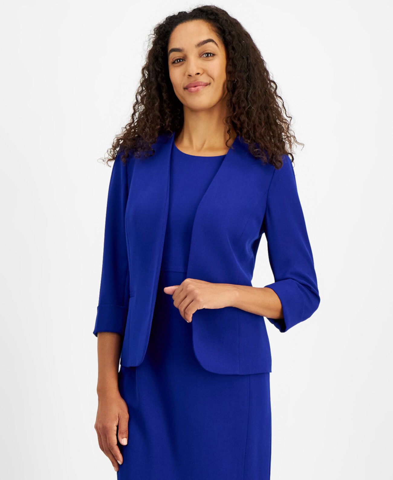 Women's Stretch Crepe Open-Front Roll-Sleeve Jacket, Regular & Petite Kasper