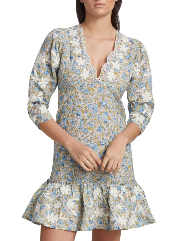 Мини-платье из смесовой льняной ткани с цветочным принтом BYTIMO