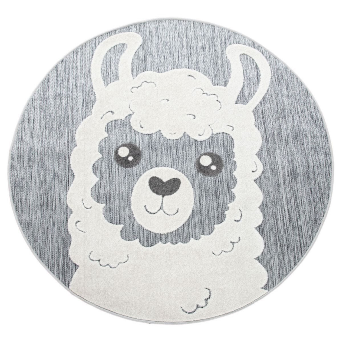 Round Kids Rug Llama Motif with Contour Cut in Mottled Grey Paco